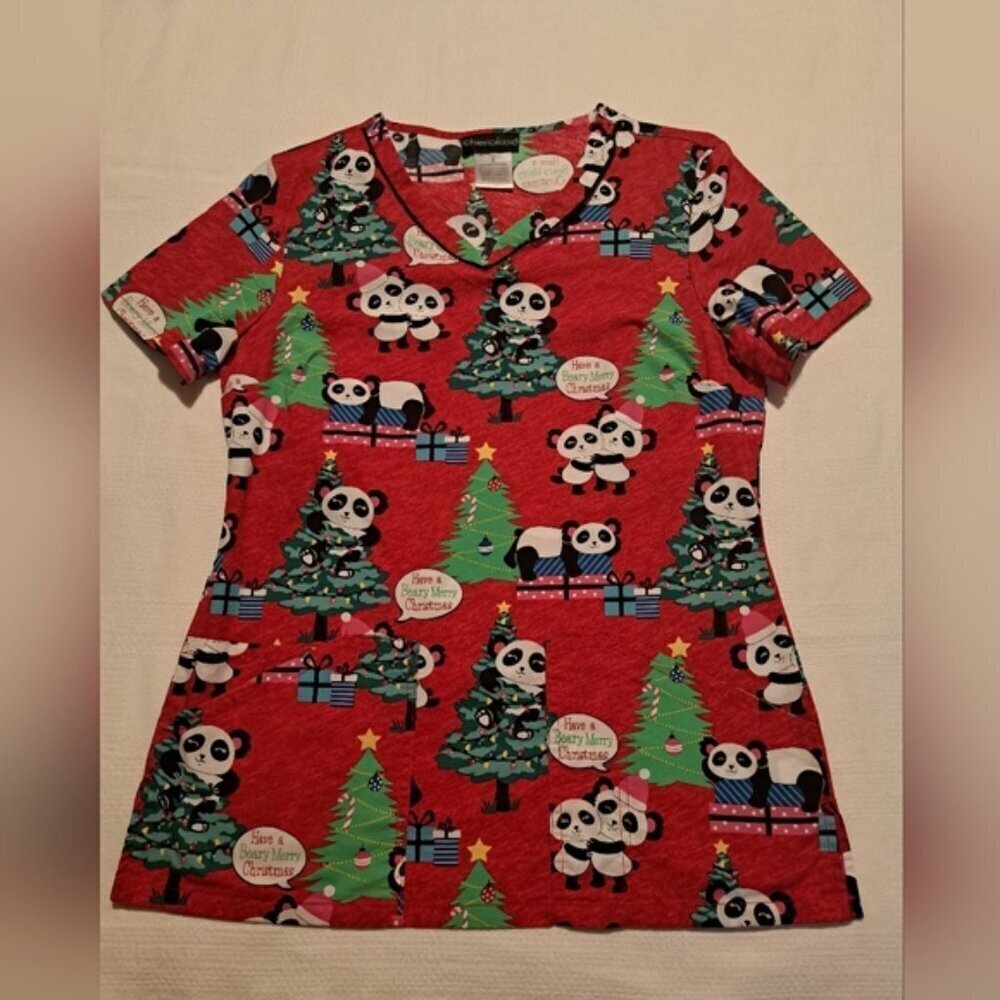 Christmas Panda women's size Small scrub top, EUC